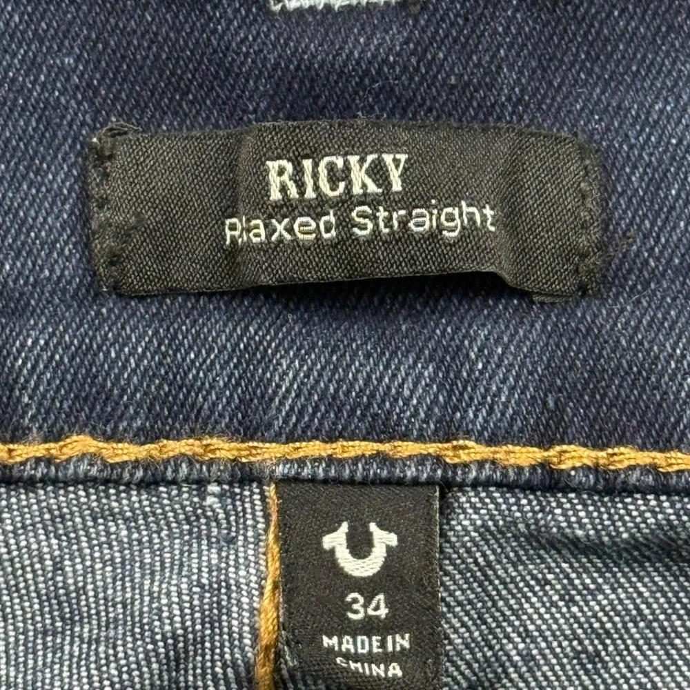 True Religion Men Ricky Stretch Relaxed Straight Big T Flap Blue Jeans 34x34 NWT